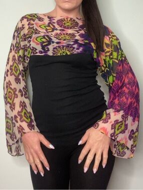 Upcycled Neon Y2K Bell Sleeve Shrug S/M Sheer Scarf Top